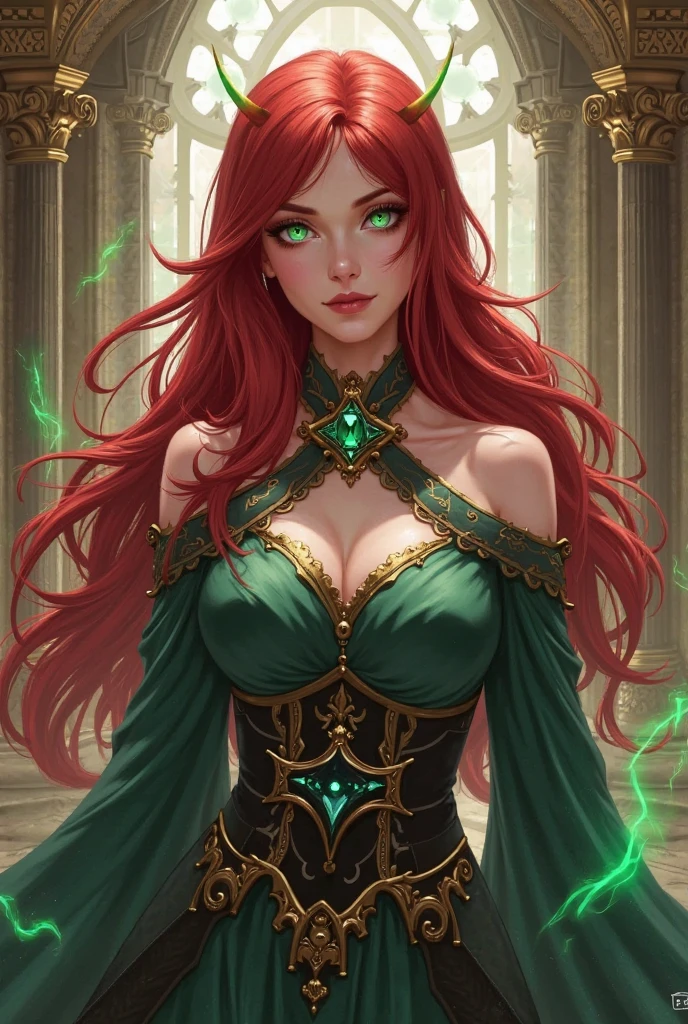 A stunningly realistic dark fantasy portrait of a tall, leggy red-haired woman with a chiseled abs, small waist, large emerald green eyes, and plump lips. She stands confidently, her body displayed in all its glory. The background is a mix of dark, brooding colors, with some ethereal elements, creating an atmospheric and mysterious setting. The overall tone of the image is a blend of beauty, power, and darkness., dark fantasy, portrait photography, painting, bien jugosita, la quiero en 4