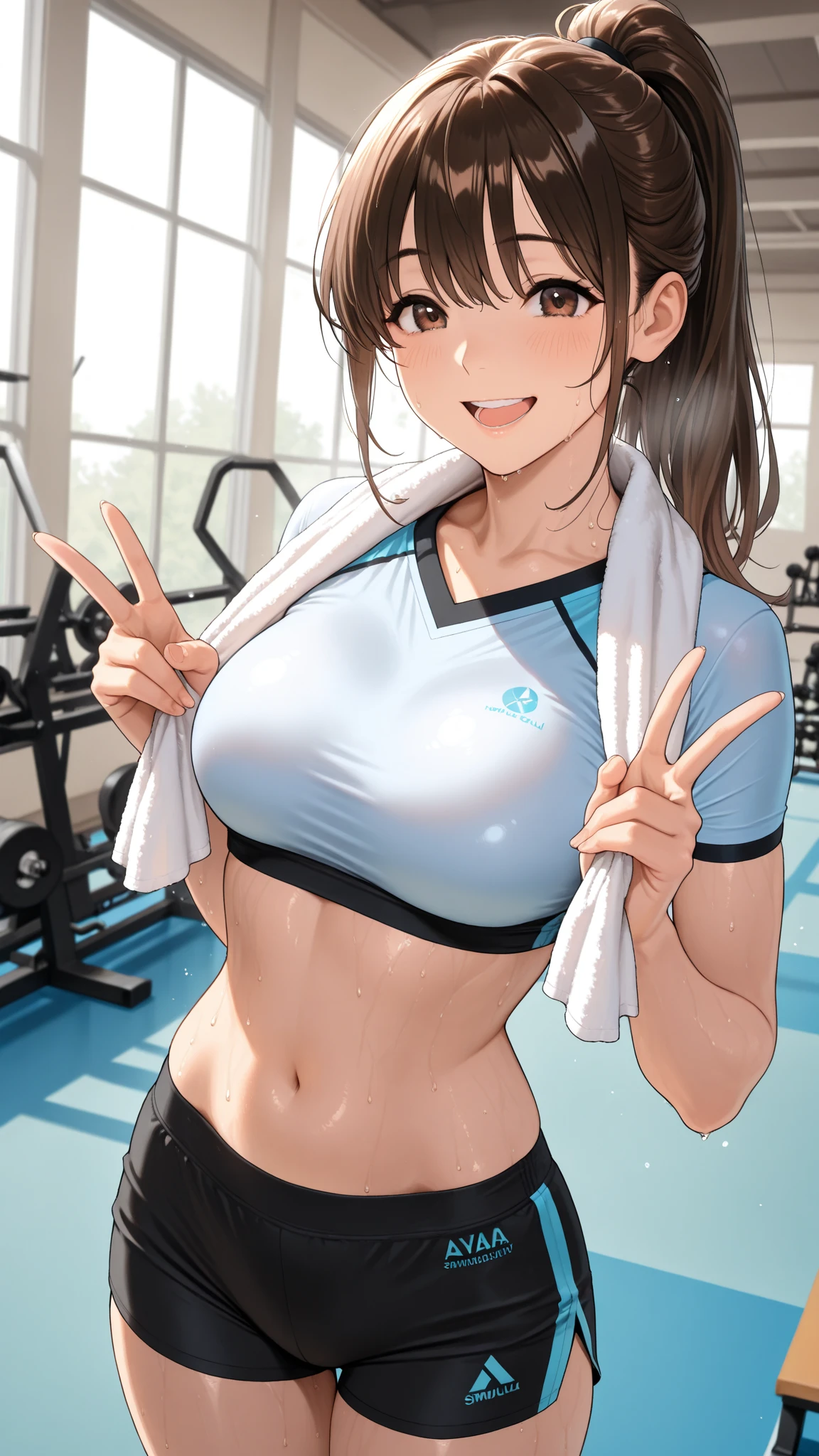 (Superflat, Flat Shading, flat-colors:1.1)、(Magazine Cover)、Illustrations、(One Asian boyish girl)、(cute little:1.2)、very beautiful 20 year old cartoon girl、Great smile、cheeks are reddened、(High Detail Skin: 1.2)、photorealistic anime girl render、realistic anime 3 d style、cute littleボブカット、Twin-tailed、beautiful brown hair、Intense black eyes、Strong highlights of the eyes、((Naked and oiled、accurate big breasts、erectile nipple、sport underwear))Perfect Anatomy、hair messy、Pretty underwear、((Tight white tennis uniform with navel、Supple and thin fabric))、((White miniskirt with flared hem))、Sportswear、sneakers、(support)、stadio、Volumetric lighting、Soft light、Vibrant colors、watercolor paiting、