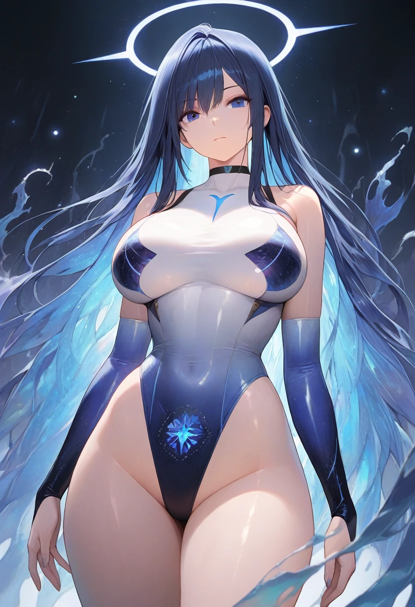 masterpiece, best quality, highres, 1girl, solo, superhero, leotard, bare legs, boots, matching boots, aura, blue aura, sleeveless, gloves, bracelets, matching gloves, looking at viewer, light particles, city backdrop, perfect hands, perfect eyes, powering up, perfect leotard, perfect legs, perfect arms, perfect fingers,