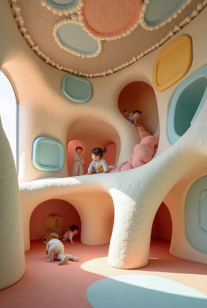 Family Play Area,Green tone,Curved wall,indoor,Lots of toys,slide,The wall is curved,A rich and wonderful paradise,Creativity