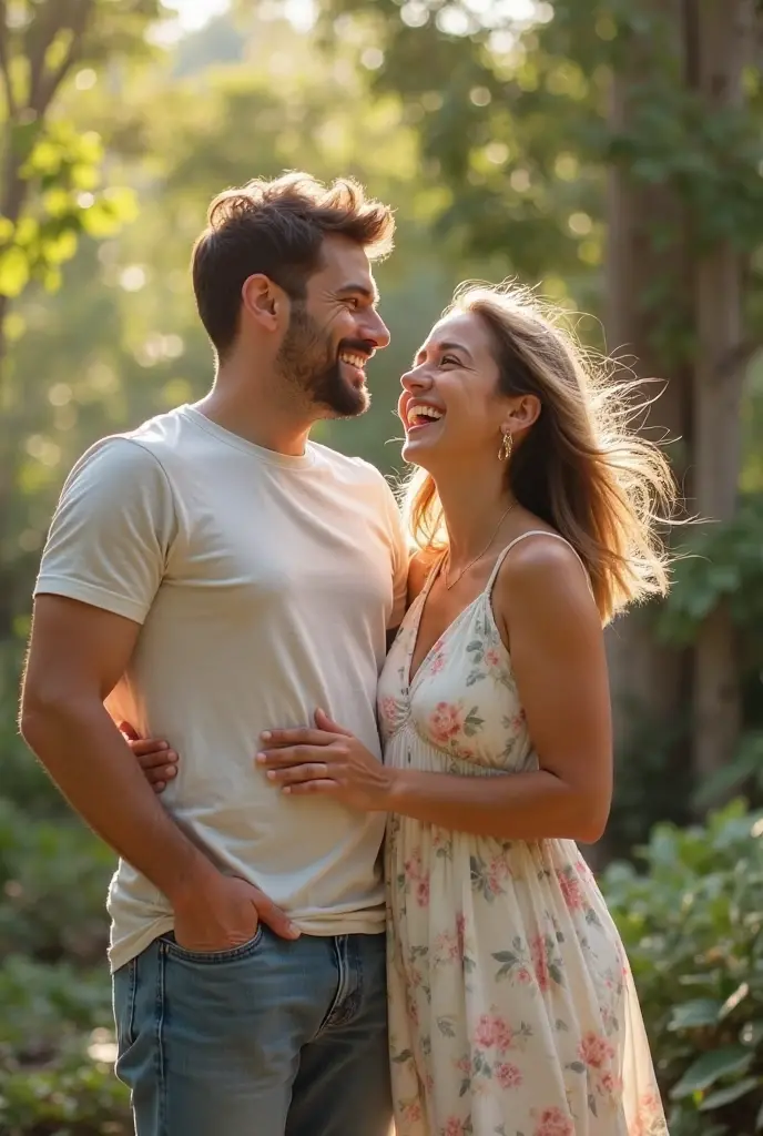 One Couple, looking at viewer, smile, they're hugging each other, outdoors, backlighting, sunset