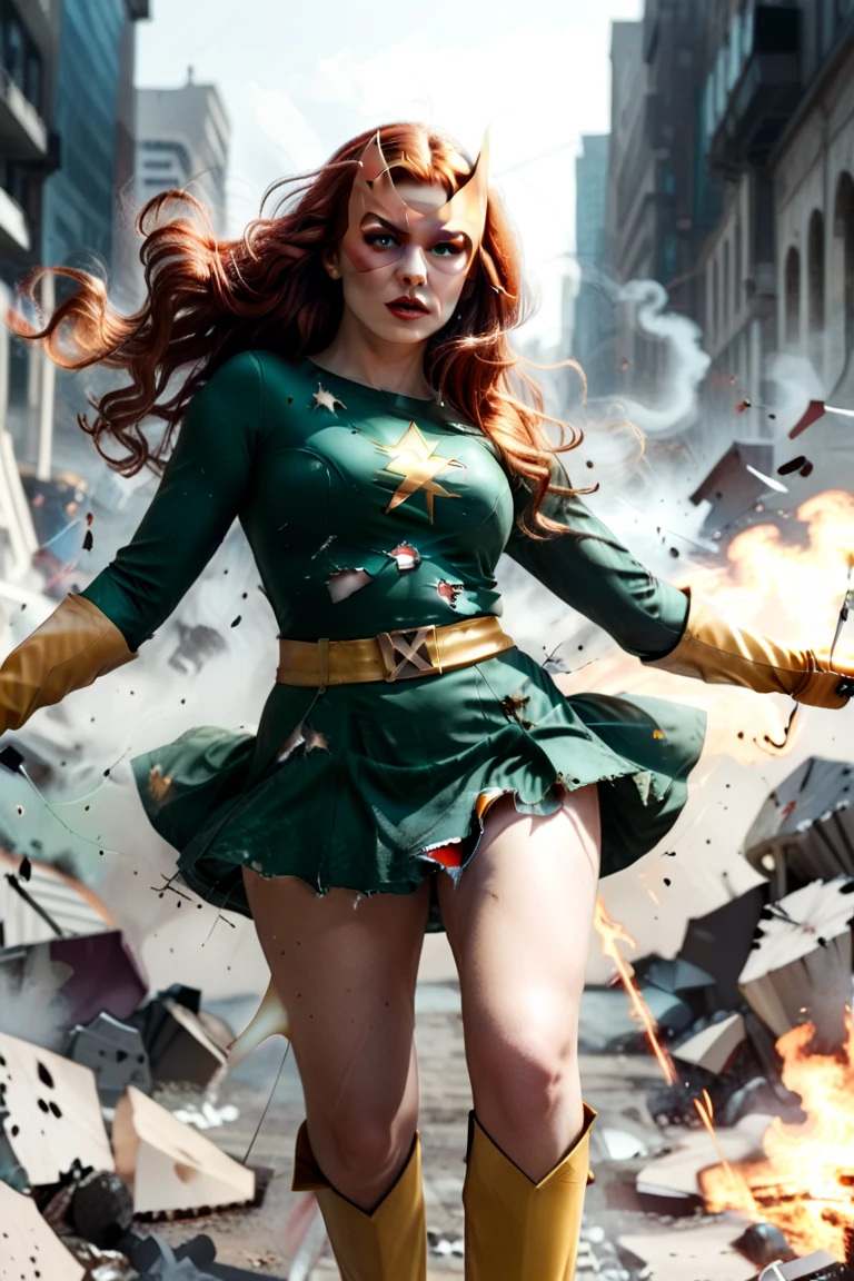 a stunning young scottish woman wearing a four leaf clover superhero costume flying through the air,green,brown,orange,red,yellow,dynamic_angle,kilt,superhero mask,small_breasts,red hair,messy hair,disheveled hair,latex,tight,flying,in autumn,skin tight clothing,