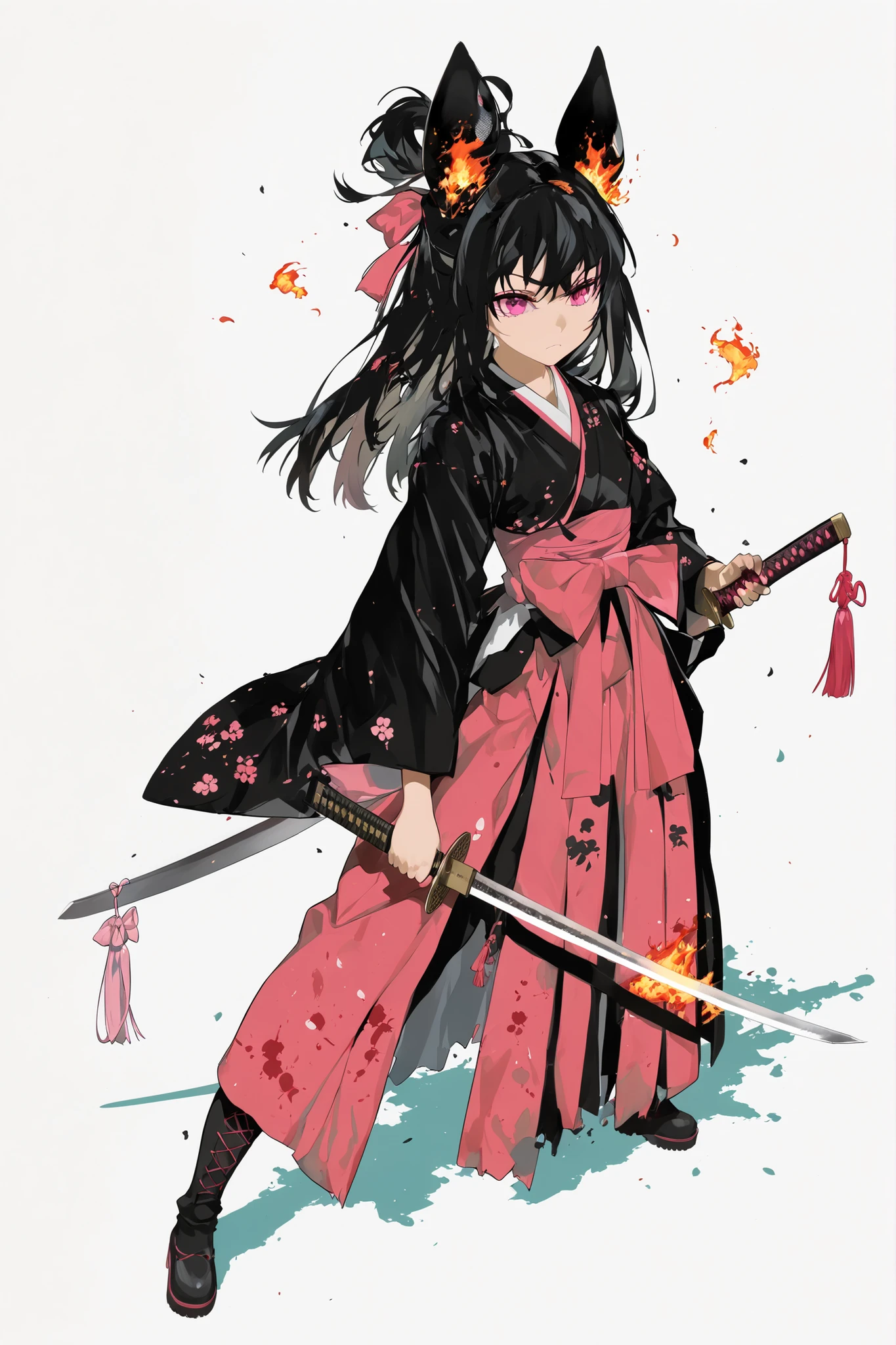 Wearing a black and pink high school girl uniform、Anime girl with a sword, Burning, standing in waste, clean and detailed anime art, inspired by Kano Hogai, she has a sword, Samurai Sword Pulling Out a Sword,  Flat anime style , Fate/Stay Night, beautiful anime art style, Anime Painter Studio
