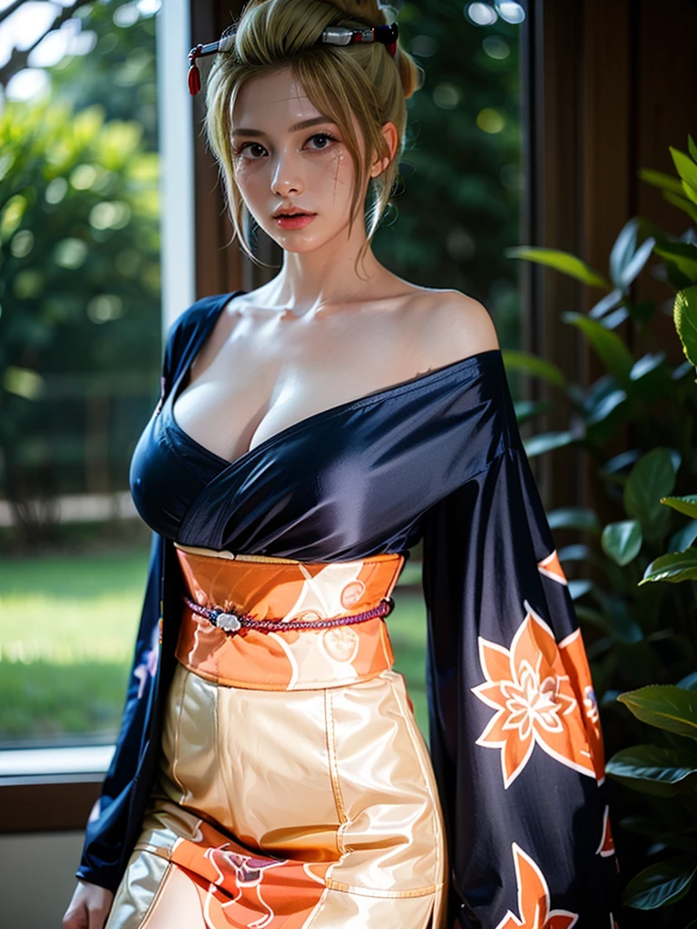 , Masterpiece, Top Quality, Hi-Res, One Girl, Blonde, Medium Hair, Asymmetrical Hair, Floating Hair, Hair Between Eyes, High Ponytail, Side Lock, Hair Ornament, Fish Hair Ornament, Tassel, Kanzashi, Bangs, Orange Eyes, Opening, Smile, Teeth, Top Teeth Only, Choker, Red Choker, Pendant Choker, Butterfly Choker, Clavicle, Tattoo, Chest Tattoo, Flower Tattoo , cleavage, medium breasts, thighs, bandages, bandaged legs, sarashi, budget sarashi, breast sarashi, black belt, underwear, broom system, kimono, drawstring, obi, obiage, obijime, orange kimono, pouch, patterned kimono, rope, obi, shurenna, short kimono, one shoulder, vision (Genshin), East Asian architecture, cherry blossoms, whole body, squatting, sparklers, night, fireworks, holding fireworks, legs crossed, feet, gloves, One pair of fingerless gloves, wristband, black socks,