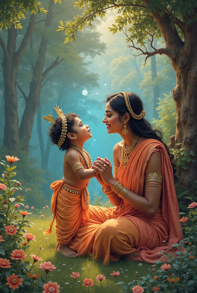 Beautiful yashoda healthy Indian queen bathing with her baby krishna new born in a beautiful garden with birds animals and lake and other gopis