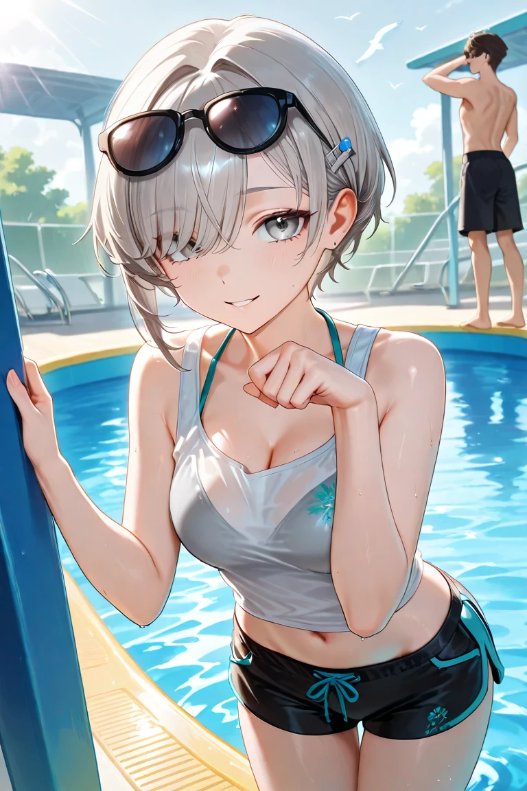 (Incredibly ridiculous absolute resolution:1.5)、hiquality、top-quality、masuter piece、Anime girl in white bikini, A sexy、Smiling:1.3、Shy laughter、Anime Loli, 8k Manga Wallpapers, ((small curvy loli))、 pretty anime girl,((swimming pools))、(Medium short hair)、(short braided hair)