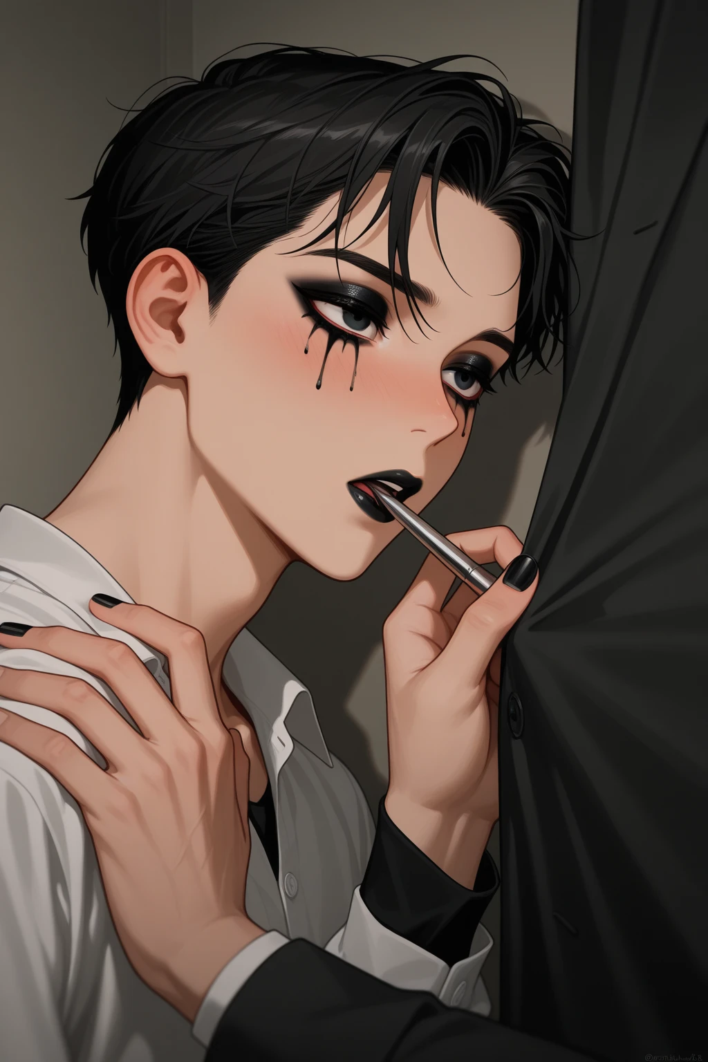 masterpiece , best quality , nsfw, score_9, score_8_up, score_7_up , 1male , weak build body, famine body , femboy , attractive face, attractive body, pale skin, large hips, blue eyes, black hair , black fingernails, black lipstick, black eyeshadow , attractive linear , attractive eyebrows , Soft skin, soft hair, soft lips , attractive eyes , sexy body , black girly shirt , black shorts jeans , cleavage, spades earrings , pov , blush , tongue out , eyes rolling back , cum on face , cum on hair , lipstick marks , Big black penis , multiple penis , hot breath , sucking big penis ,