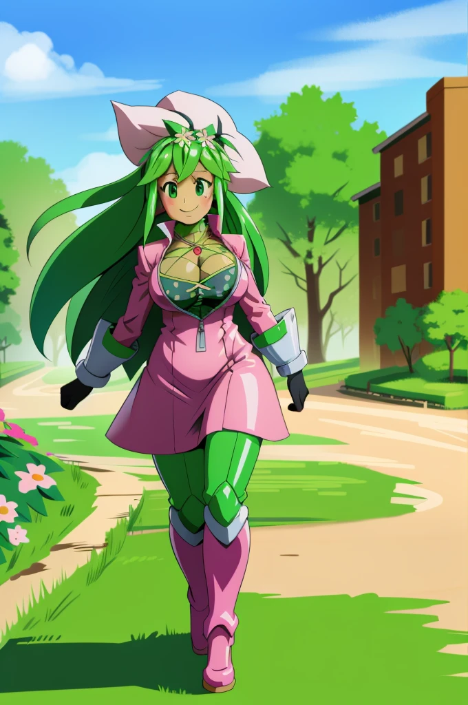 kanna blaster master, flora fauna, female,, huge chest, full clothed dress, walking, full body,smile