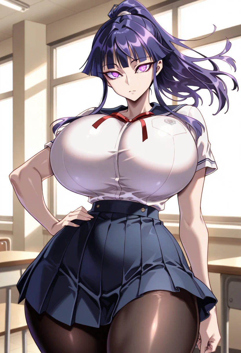 suzune, purple hair, red eyes, long hair, choker,
blush, lipstick,,jewelry, earrings, Hot girl, baddie, bad attitude, mean girl, crazy, smoking, sensual, attractive, masterpiece, best quality, highly detailed, a anime girls in sailor uniforms with a gun posing for a picture,
evil smile, smile, open mouth,black_serafuku, ecchi anime style, anime girls , (nsfw) not safe for work,
ecchi style, ecchi, shipgirls, digital anime art!!, high school girls, holding a gun, hold a gun, anime style 4
k, micro skirt, exposed belly, exposed navel, exposed midriff, holding pistol,underboob,
exposed lower belly,school, classroom, navel piercing