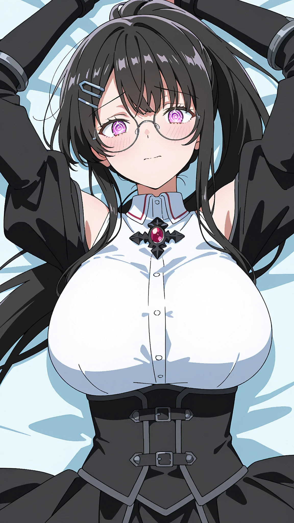 hentai paizuri, 1girl, 1boy, breasts squeeze together, penis between the breasts, no-bra, room with window, wet penis, pov, looking at viewer, large breasts, glasses, beautiful, best quality, showing breast, nipple, nfsw, natural breast, perfect breast