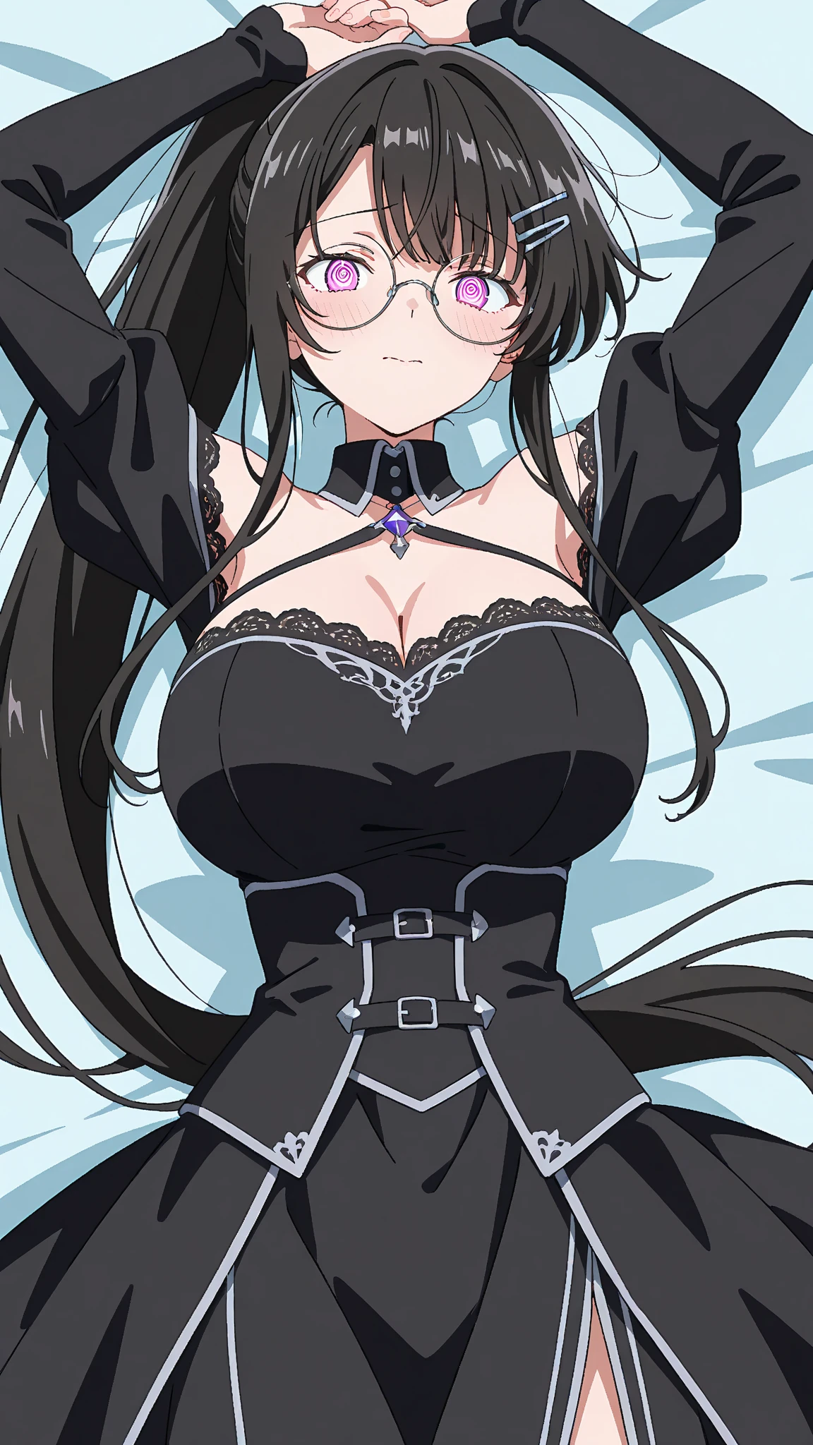 (masterpiece, high quality), albedo, sweat, succubus, glowing golden eyes, muscular, defined abdominal muscles, curvy hourglass body, slim waist, huge, sexy fishnets, spidernet, black dress, dark black background, steam, sweat, erotic smile