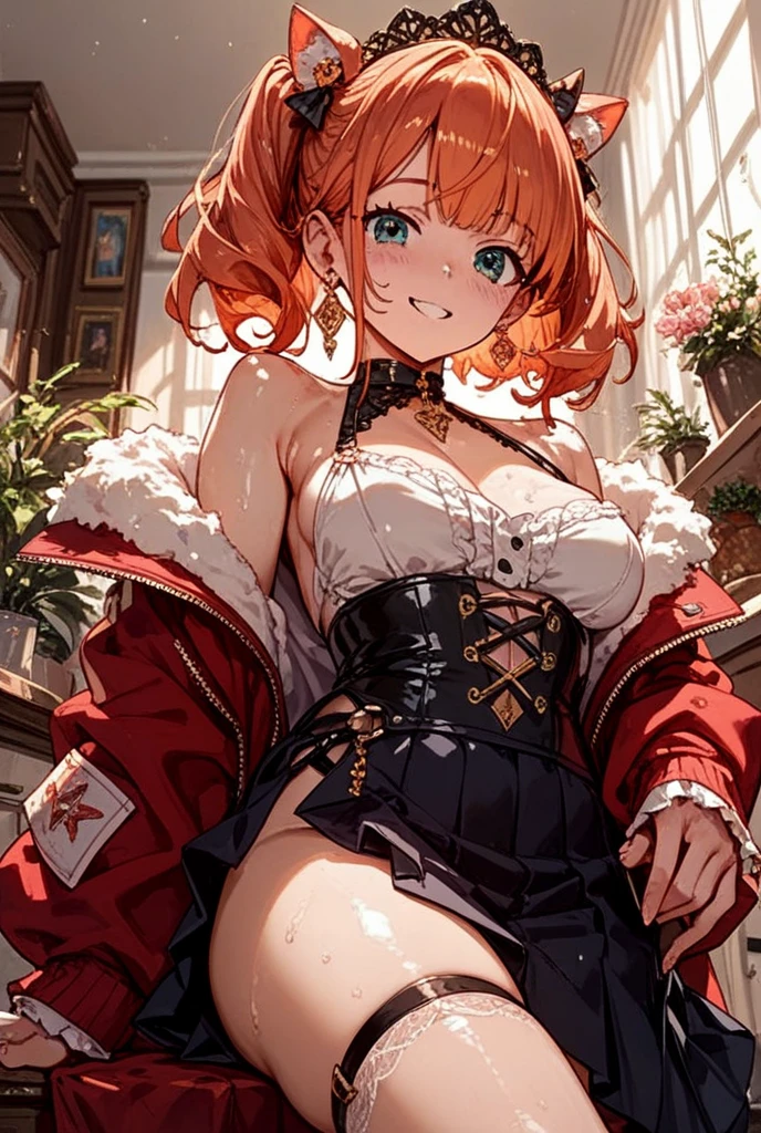 ((Highest quality)), ((masterpiece)), (detailed)One Girl, alone, ((Houshou Marine)), Long twin tails, (Red hair ribbon), Large Breasts, smile, Thighs, pirate hat, Red mini skirt, Belly button、Cleavage、Black knee-highs、Spread your legs,The underwear is black