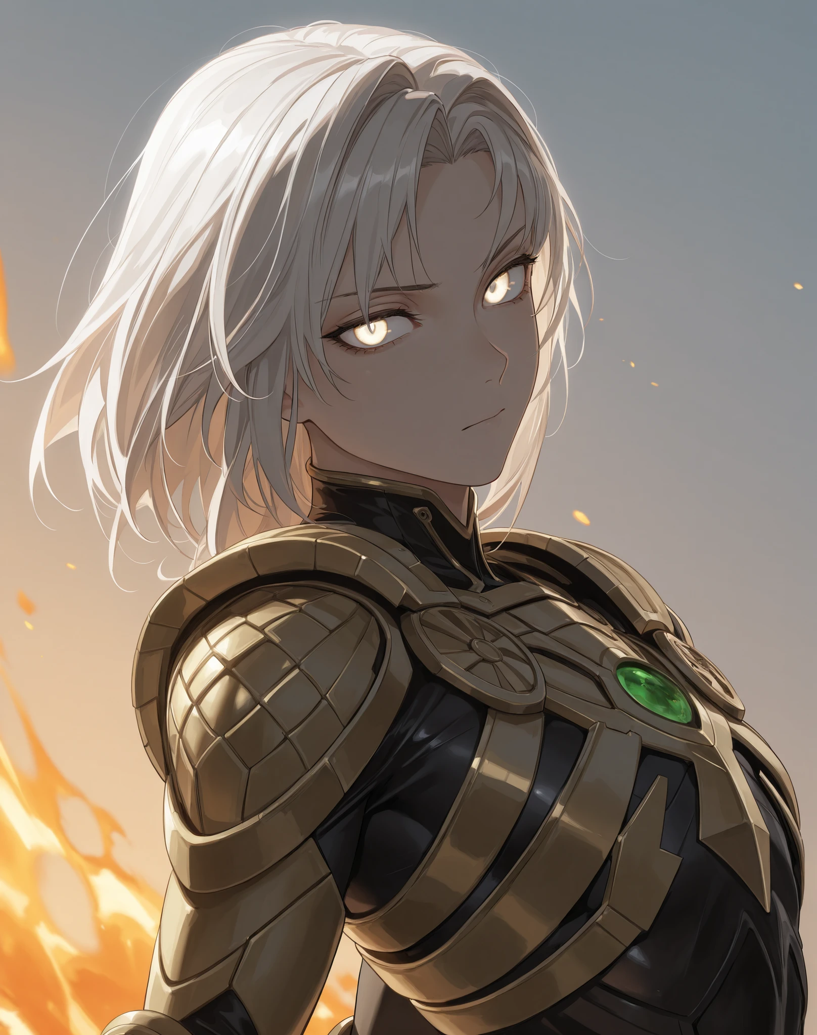 edgNanosuit, science fiction,(face focus, close up shot:1.22), dynamic pose, three quarter shot, mature, flat chest, femboy, (1girl:0.75), solo, effeminate, tomboy, masterpiece, best quality, amazing quality, very aesthetic, high resolution, ultra-detailed, (soft shading, soft shadows, volumetric light:1.14), dramatic lighting, absurdres, (astolfo:0.25), white hair, medium hair, glowing white eyes, protoss, hierarch armour, glare, wristblade, gauntlet, aura, greek clothes, exposed shoulders, rage