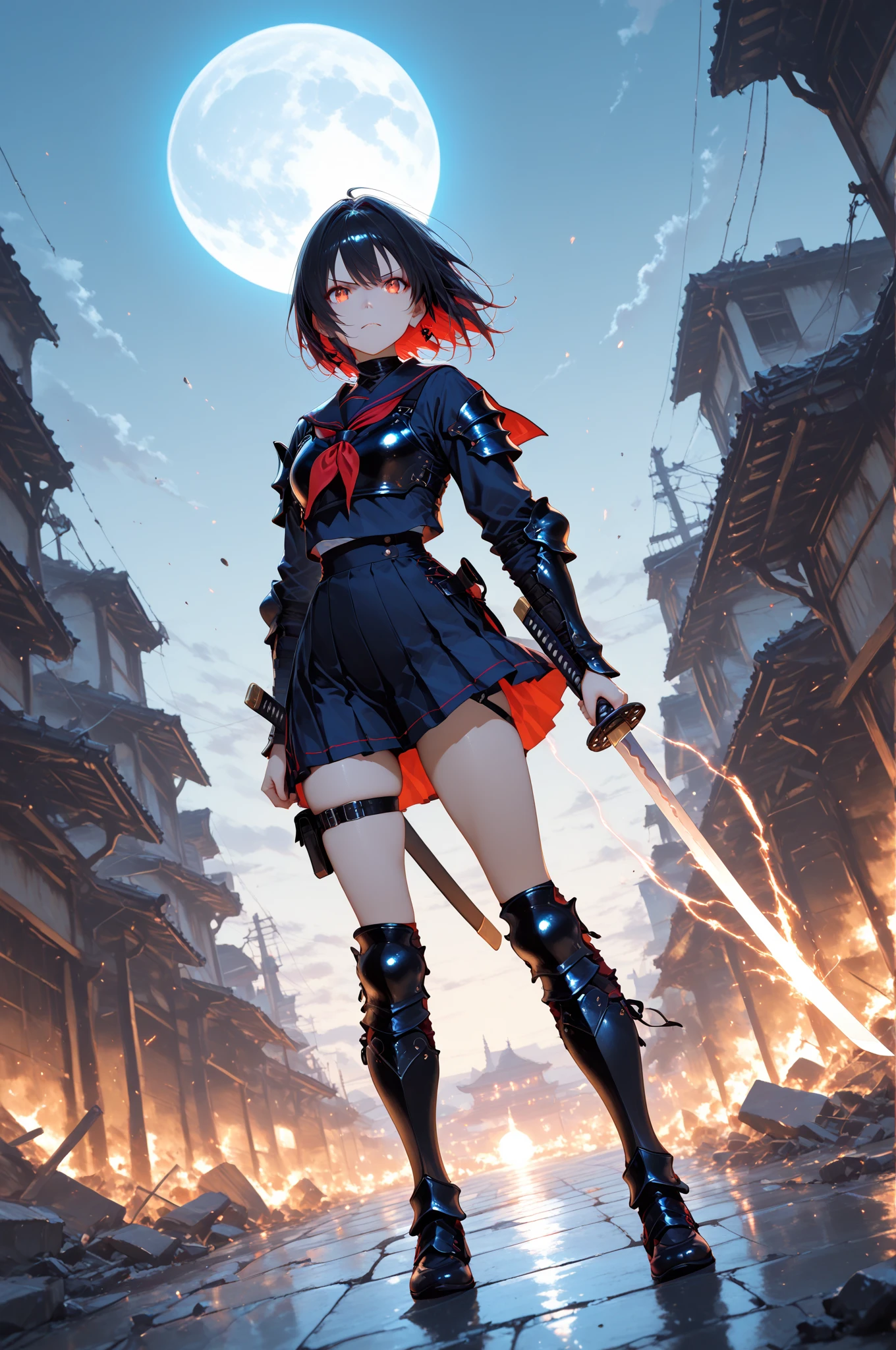 Little, Little figure, woman, Large sword, Dark fantasy, Get Ready, Ruined City, Dark Night,