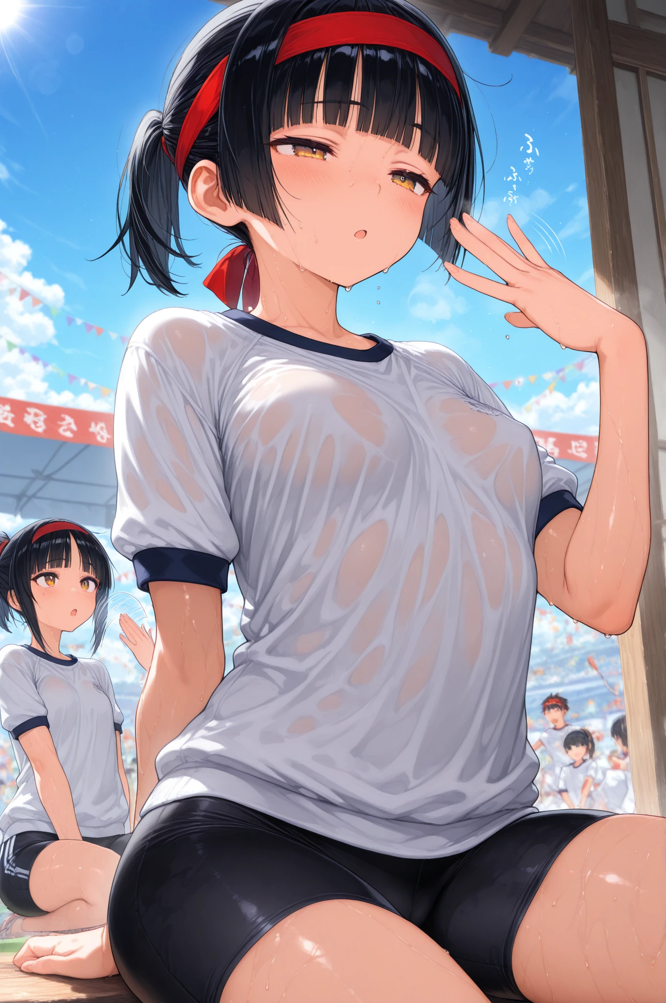 masterpiece, best quality, girls, 10yo, (petite), ponytail, cowboy shot,
 orgasm, closed eyes, standing, nude, small breasts, nipples, bottomless, pussy, (school gym:1), break, crowd, girls surrounded by many boys, The cameraman is looking this way surrounded by photographers,