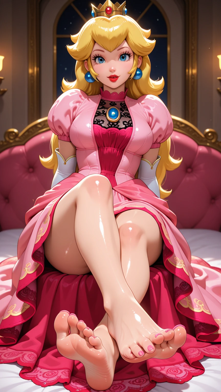 Princess Peach being hypnotized to sleep on a couch.  She is being put to sleep against her will by an evil hypnotist.  She is being hypnotized against her will.  She looks very very sleepy and tired.  She is falling asleep.  Her eyelids droop heavily as she falls asleep.  Her massive fake breasts are so large its incredible.  Nobody has ever had such gigantic breasts, she can't think with her giant breasts. (gigantic breasts) (massive breasts) (round, full, humongous breasts), shes trying not to fall asleep, she is deeply entranced.