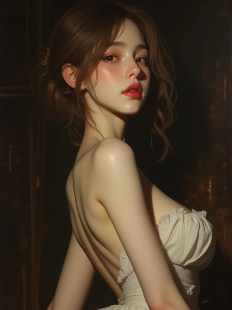 Taki, sitting on a table , (heavy eyeshadow, red lips, blush), slender, White open shirt, no bra, pendant, fantasy art, concept art, highly detailed, high quality, 8k, delicate features, feminine, seductive, Chiaroscuro lighting, (style of howard chandler christy:1.0), (charcoal sketch by jean-joseph benjamin-constant:1.3)
