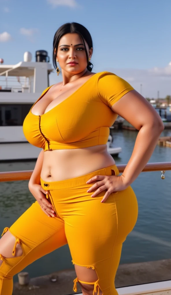 Beautiful Moroccan with dark brown eyes, 28 years old, woman a swimsuit, red swimsuit, full body view, on a boat, almond-shaped eyes, oval face shape, plus size body, extra large body, XXL body, prominent cheekbones, naturally wavy hair, high resolution, masterpiece, best quality, complex details, highly detailed, sharpness, detailed skin texture, eye details, profession, 4k resolution, charming smile, shot with Conon, depth of field, kodak vision color, 100kg, extremely detailed, ultra-realistic photography ,photo realistic, post processing, maximum detail, true to life, Instagram model.