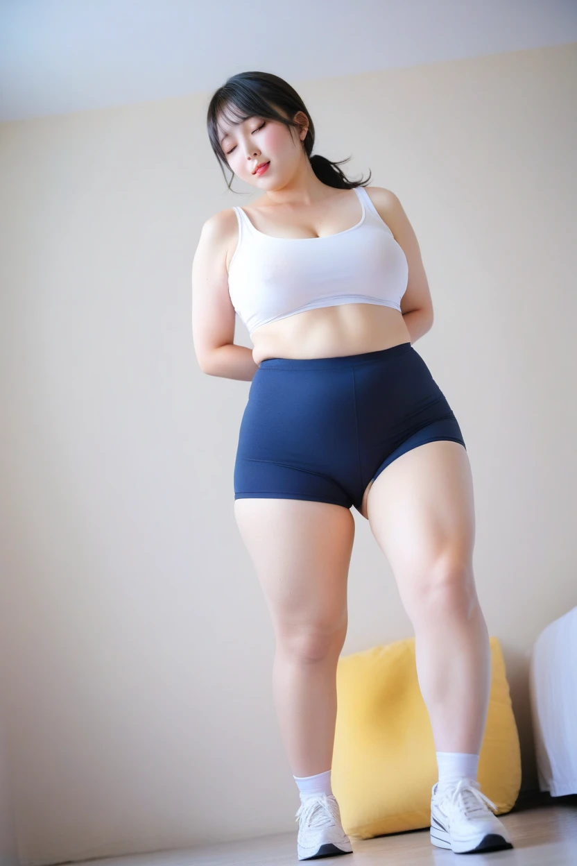 47 years old, Hijab Indonesian mature woman, white skin lik porcelain, huge tits : 12.8, curvy, Wearing Tight Tank Top, wearing white lace Underpants, full body, at Kindergarten School, Sexy Pose.