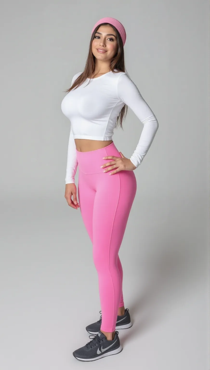 A sexy korean woman, long flowy blonde hair, glossy lips, plump body, long legs, heavy breasts, giant breasts, huge breasts, massive breasts, juicy breasts, succulent breasts, enormous breasts, braless, wearing casual white tight shirt with rounded-neck jersey short-sleeve, pink legging pants, high heels, stilettos, full body, standing on the floor, detailed body, at photo studio, white backdrop, dynamic light, 8K, masterpiece, ultra detailed, professional studio lighting.