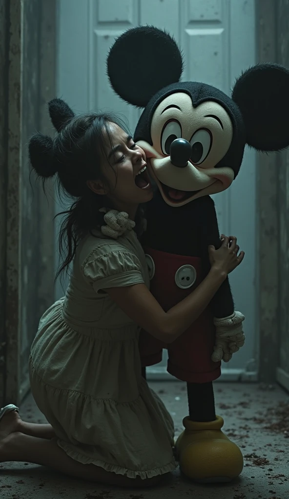 Meisterwerk, best quality, 8K, Bunt, fotorealistisch, HDR, Hohe Detailgenauigkeit, Mickey Mouse as a blood-soaked, rotten zombie in fairytale jungle, Blut