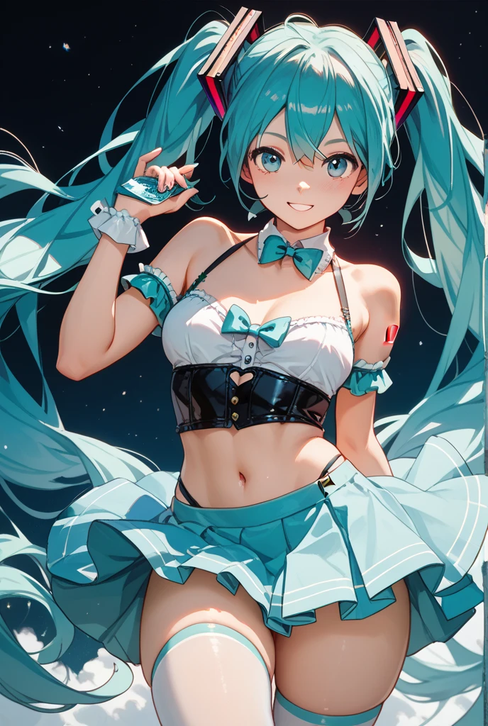 (((アニメ調cute顔))), ((((blue twin tails)))), hair ornaments、Lewd、((((Sexy Hatsune Miku costume、Show cleavage、Belly button)))), Highest quality, (Sharp details), 8k, ((cute)), (looking at the camera),,cute胸、The cleavage is noticeable、Nipples seem to be visible、I can see the pants、Height: 160 cm、Embarrassed face、Very big eyes、sparkling pupils、anatomically correct body、Big thighs、slightly muscular、((Friflimini skirt))、Light from the front、Temptation Pose、(Naughty Fishnet Stockings)、超Lewdダンス、vulgar dance hall