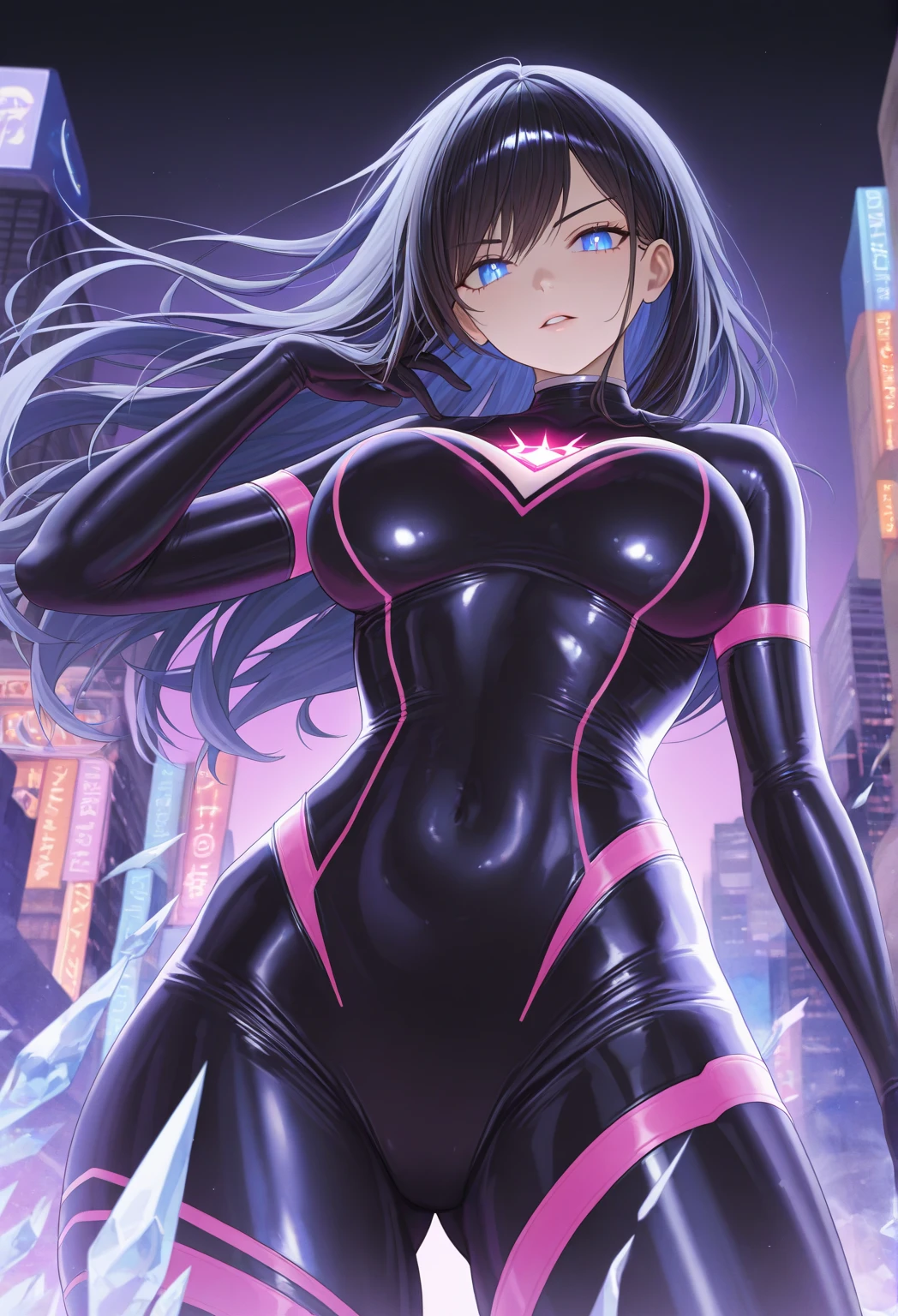 Anime woman with long dark iridescent hair,iridescent eyes,perfect body, bikini, detailed body, detailed eyes, masterpiece, best quality, aesthetic