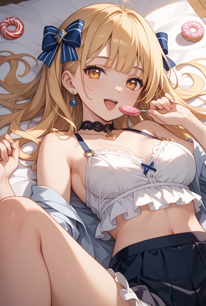 masterpiece, Highest quality, High resolution, Very detailed,(((Double leaf apricot))), (((Collapsed in bed。))、(((smile)))、((Panty shot)))、(((Polka dot underwear)))