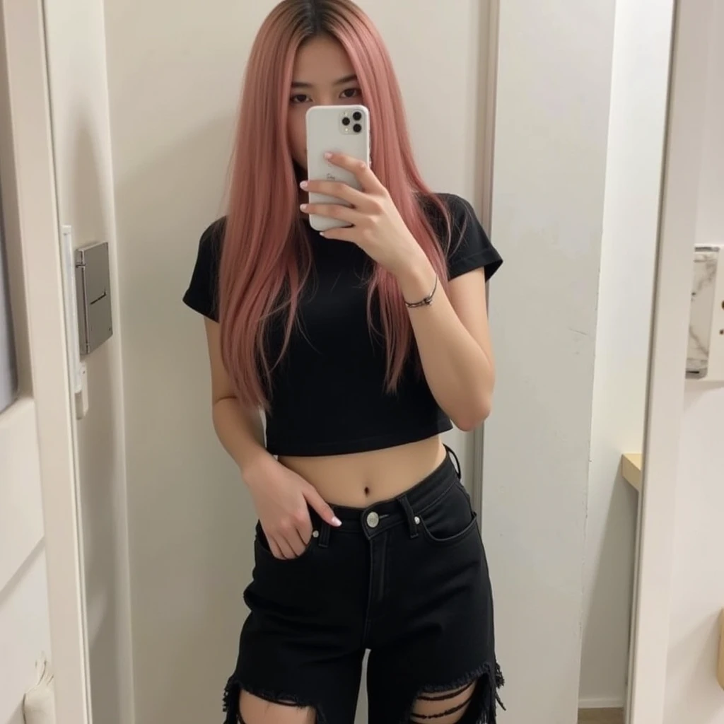 girl 21 years old, short shoulder-length hair, pink hair color