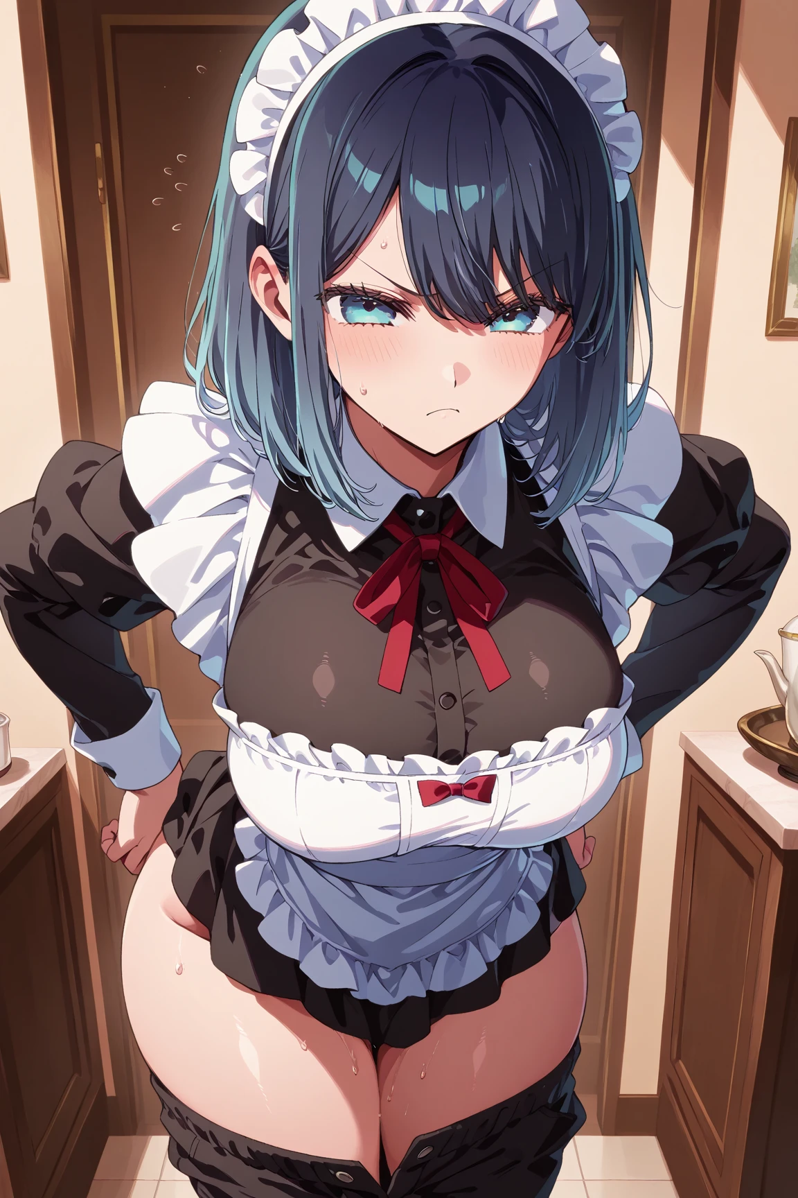 Best quality, ultra-detailed, girl 21 years old appearance = “средние blue hair”, “brown eyes”, “Wears glasses”, “pierced lip and tongue”, “Height - 165”, “идеальная грудь”, “Elastic butt”] [Clothing = "maid uniform, short skirt", "No bra", "секси thong", ((uncensored)), ((back view)), ((Very detailed clothing)), ((leaned over)), ((best ass)), ((sexy panties)), вид сзади, показать задницу, извращенка, возбуждена