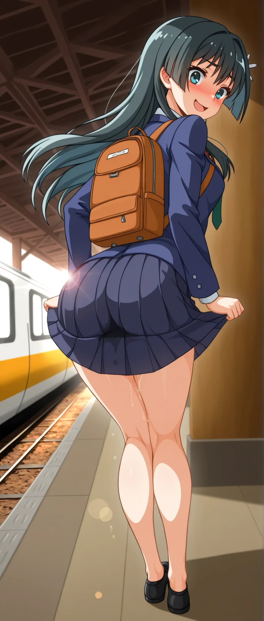 (((Spread your legs and turn your ass towards me)))、Glasses、Uniform Blazer、Beautiful beauty、Long purple hair、((whole body))、(((Photo taken from below)))、school gate、Big Breastini skirt、Panties are blue lace、tall