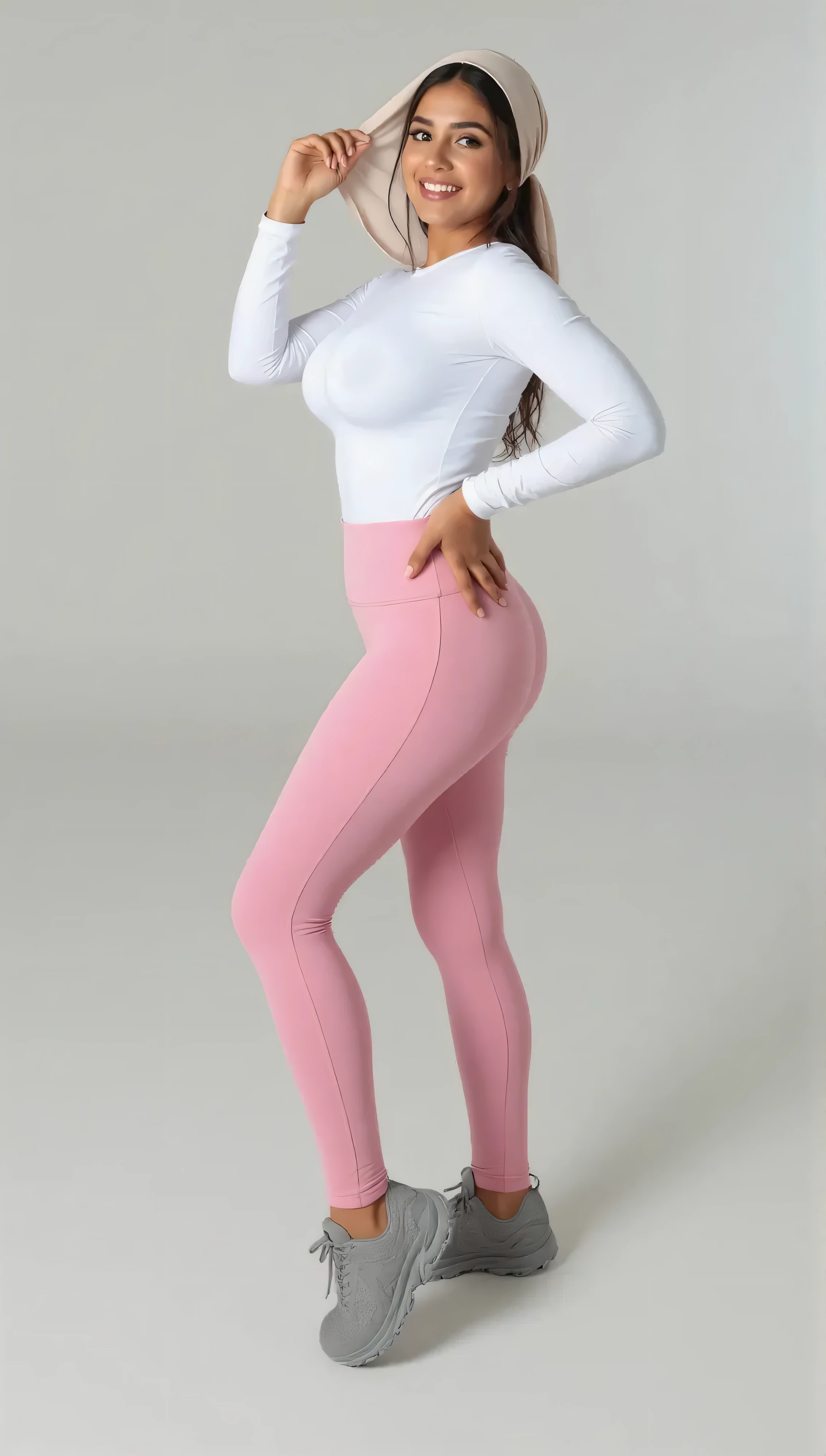 A sexy korean woman, long flowy blonde hair, glossy lips, plump body, long legs, heavy breasts, giant breasts, huge breasts, massive breasts, juicy breasts, succulent breasts, enormous breasts, braless, wearing casual white tight shirt with rounded-neck jersey short-sleeve, pink legging pants, high heels, stilettos, full body, standing on the floor, detailed body, at photo studio, white backdrop, dynamic light, 8K, masterpiece, ultra detailed, professional studio lighting.
