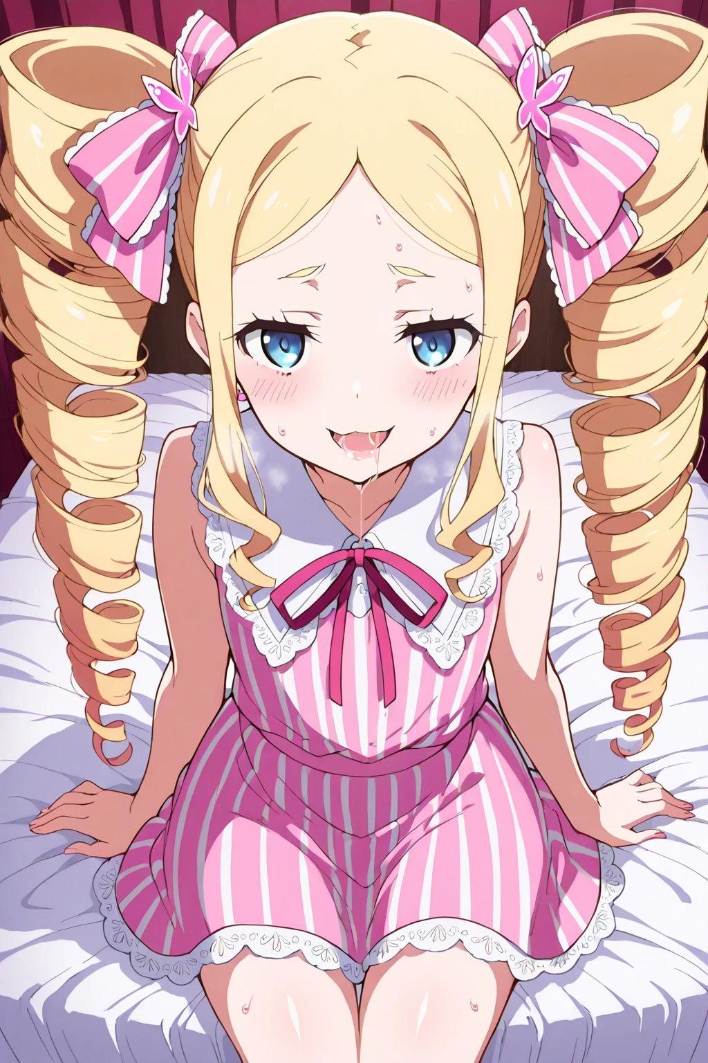 (best quality, detailed illustration:1.2), 1girl, <lora:Character_RE.Zero_Beatrice:0.7>, beatrice \(re:zero\), big eyes, blonde hair, twin drills, crown, kawaii, animal kigurumi pajamas, happy, smile, open mouth, paw pose, cowboy shot, on bed