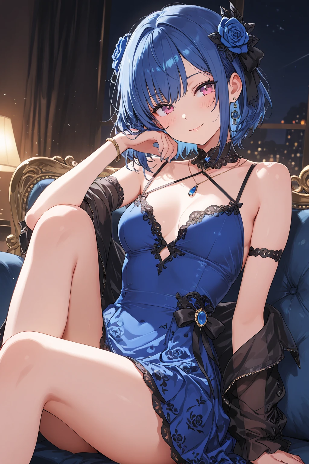 ((Masterpiece, Best Quality)), St. Louis \(Luxury Wheels) \(Azure Lane), High resolution, highest quality, illustration, cinematic light, super detailed, detailed face, (detailed eyes), best quality, ultra detailed, masterpiece, (detailed face), room, hair accessory, earrings, necklace, portrait, silver dress, revealing clothes, highest detail, glowing eyes, (hotel:1.2), sitting on bed, sitting, bed, window, night sky, backlight, light, (high contrast), (color), bare