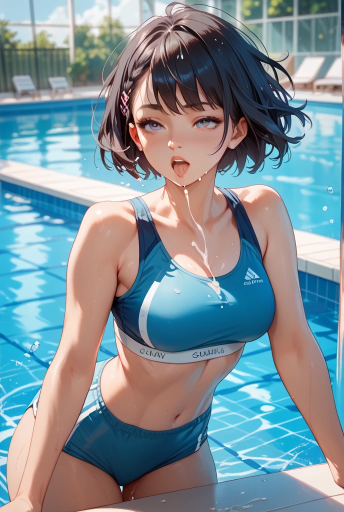 1 female,black hair,25 years old,(((blue shiny micro tight skirt)))((white tank top))(((blush、open mouth smile)),(((straight hair))),(((portrait))),crowd,,(wet with sweat)(sexy black bra and see-through tank top)(Glasses)(((small breasts)))((low ponytail))