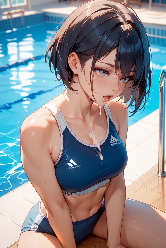 Beautiful girl, short hair, boyish, sexy, big breast, wearing sports bra, shy, hot, swimming, embarrassed, angry, big breast, shy expression, tight sports bra, squeezing her breast, cleavage, shy, very mad, dynamic pose, pose, shy pose, underwater, water, angle pose, dynamic shot, water, breast shot.