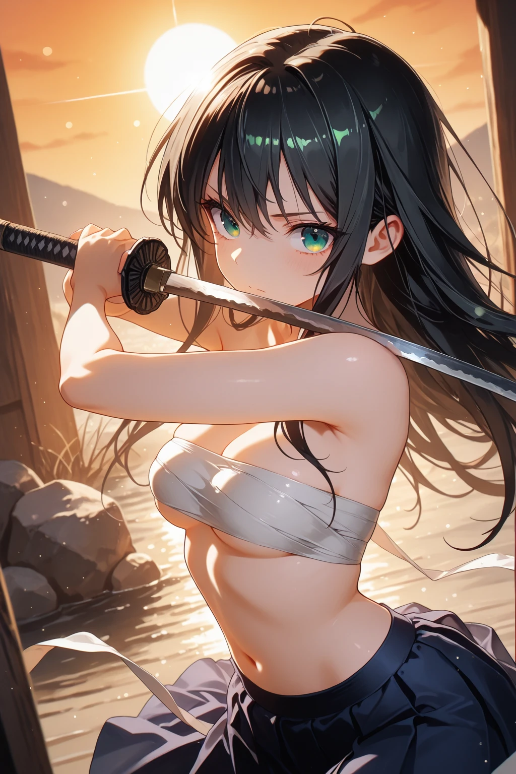 ultra-detailed,best quality,masterpiece,ultra-detailed,high resolution,extremely detailed CG,perfect anatomy,detailed,cinematic lighting,beautiful detailed eyes,ultra high res,1girl,(18 years old:1.4),gleaming skin,oil skin,sweat,humid,trembling,strong light coming in,spot lighting,bright,clothed,cowboy shot,Female Swordsman,(Torn Kimono:1.3),Covered in wounds,Torn clothing,(Female Samurai:1.3),(Holding a Japanese sword:1.5),(Night Grassland:1.6),(fear:1.8),(despair:1.8),defeat,ass pov,sit,spread legs,(from above:1.1),(Dirt-stained skin:1.5),(Dirt-stained clothes:1.5),looking at viewer,Black Hair,