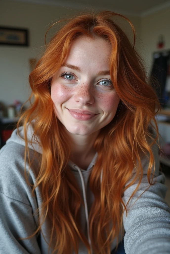 ultra realistic, Photography, long red hair, Girl, 24 years old, hourglass figure, perfect body, flirtatious look, with a smile on his face, the smile has dimples, has freckles on his face, extremely detailed artistic germ, In the Artgerm style, 35mm lens, blurred background, sitting in a chair in the living room, wearing a tight cotton t-shirt and a short latex skirt, Wear opaque thigh-high socks, showing legs, long legs, touching her legs, sexy legs, sexy legs, Whole body picture, Whole body portrait, Whole body, plano general, wide angle