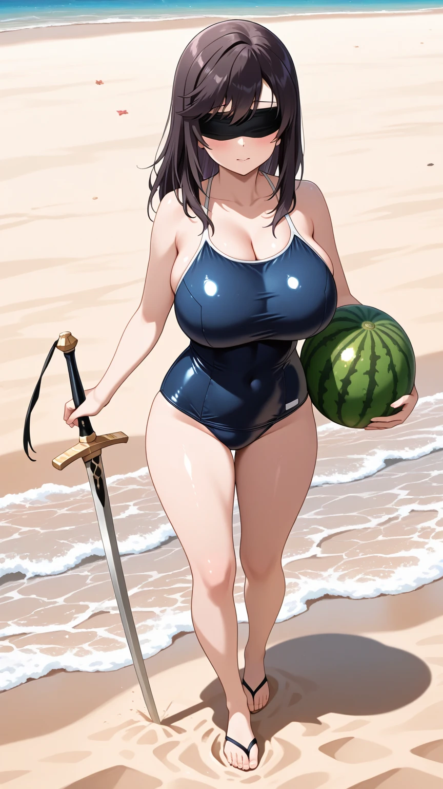 A brown haired woman with red eyes with an hourglass figure in a cute one piece suit is eating watermelon at the beach