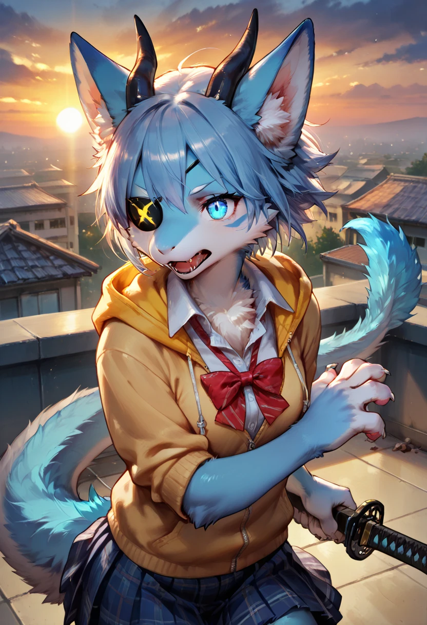 Japanese，There are stud earrings on the ears，Crying face pendants on ears，Blue ears，Have tiger teeth，A hybrid between a dragon and a carapace，The whole is blue，Star pattern on thigh，Turns white。