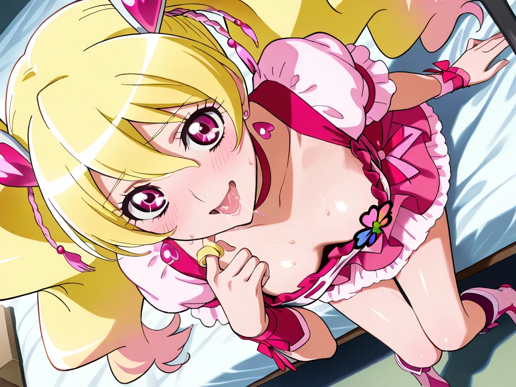 IrisChateaubriand, blonde hair, solo, 1girl, bow, ribbon,masterpiece, expensive quality, very_expensive_solve, big_file size, full color,(completely :1.2),lying,spread legs,shy,(Loli kid),