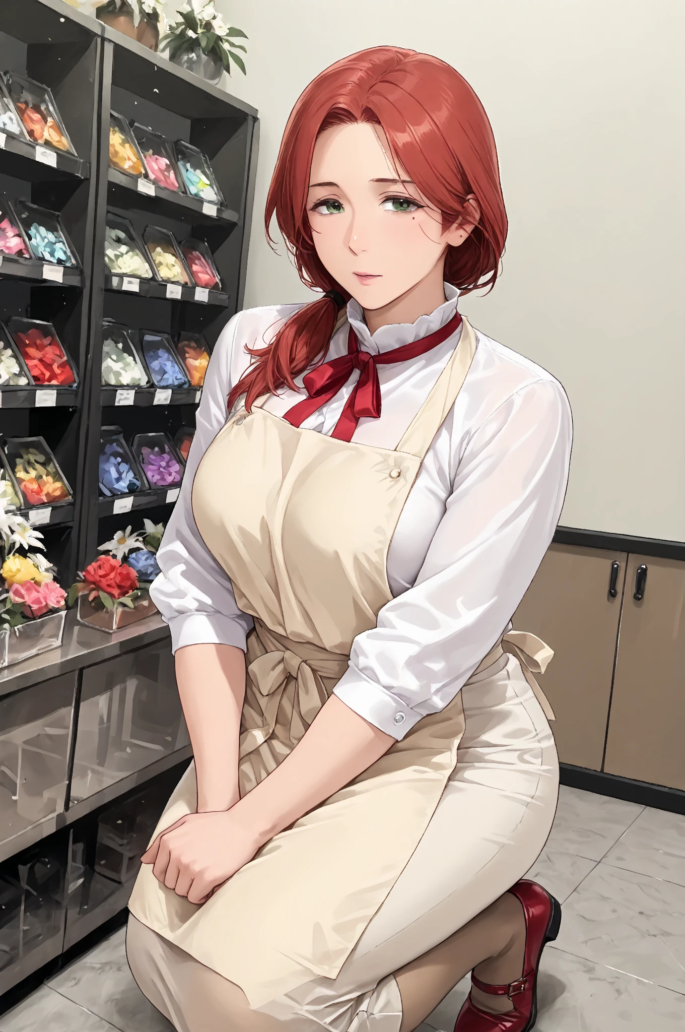 Highest quality、Ultra-high resolution、Fantasy、roleplaying game、Sweeping the floor with a broom、Busty female clerk、Inside the flower shop