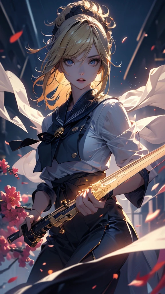 ((masterpiece:1.2, best quality)), realistic, 1girl, solo, blood, male focus, looking at viewer, artoria pendragon \(fate\), black (((suit))), black (((pant suit))), (((ponytail))), (((black gloves))), aurora, night, stars (sky), sky, night sky, starry sky, holding Magic Sword, Dark Clouds, Night, model shot, (Impressionism: 1.4), (Tarot: 1.3), Alphonse Mucha,