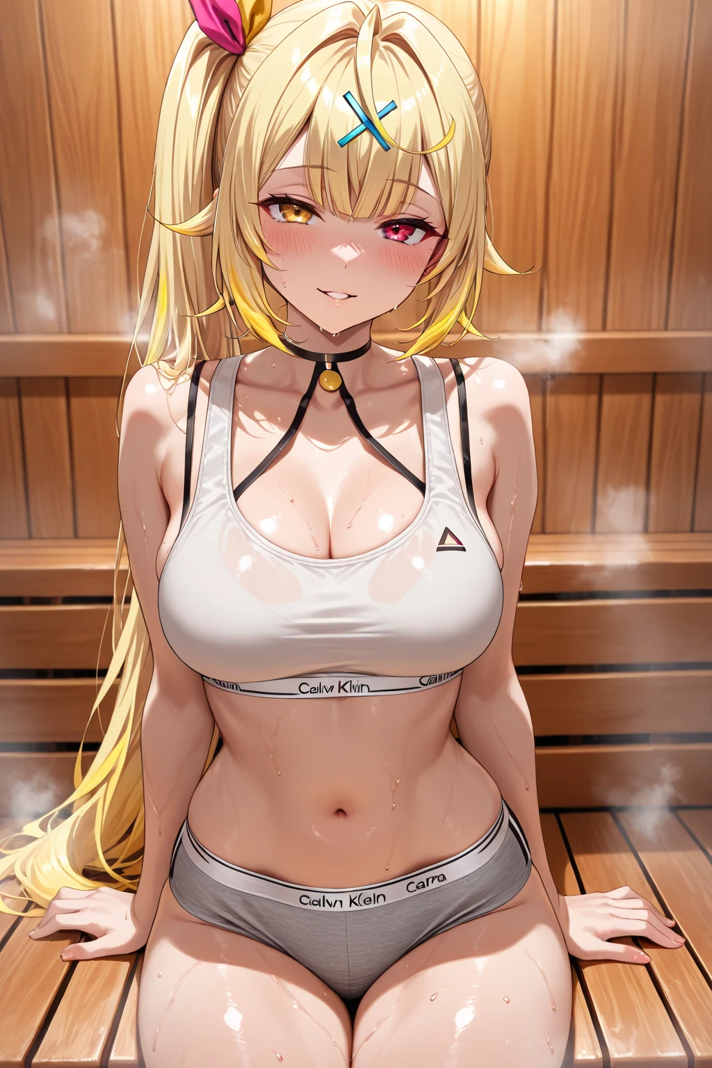Shot from below、Standing with your legs apart、Standing with feet shoulder-width apart、Cute girl、highest quality、Ultra - High resolution、High resolution、Highly detailed CG、8k unit wallpaper、18-year-old、Careful and gentle eyes,Delicate and beautiful smile、Platinum Blonde Hair、Asymmetrical Hair、((( Dark Skin:1.5)))、(Shiny body,:1.5)、rabbit ears、(((loose socks、big breasts))) 、(Orange motocross jacket with green details, Biker clothes. Detailed design)Double Peace 、Shorts
