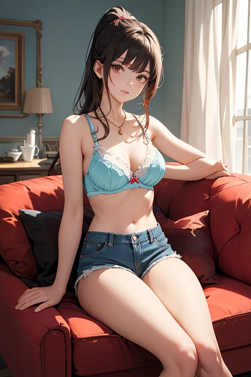 nsfw, The upper part of the body、an oil painting、masterpiece、top-quality、hight resolution、Yellow medium hair、Sleeping in bed、Naughty look、Yellow and light blue plaid bra、((bra lift:1.3)), ((show off breasts))、Button is disconnected、Yellow and light blue plaid panties、Bending legs、Female face、Hot face、A slightly troubled look、sweat-wet skin, force orgasm, orgasm face, spread legs, touching panty, undressing bra, strap pull, strap slip, nipple slip,