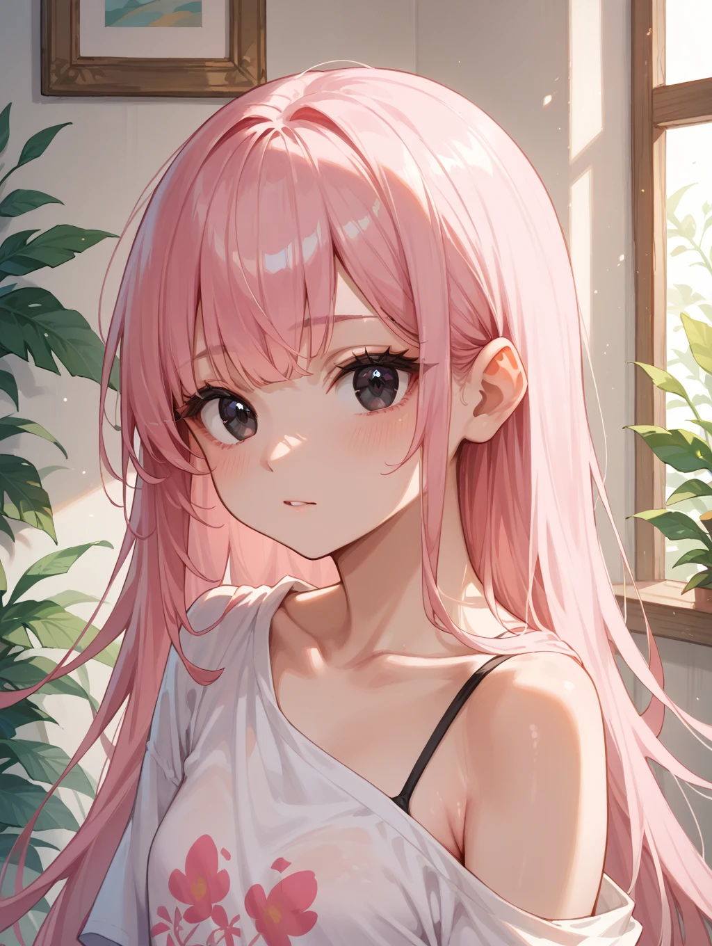 13 year old girl with pink hair, small breasts, leaving home, and he's going down a dirt road to the horse's bay, and the horse is brown, the horse is far away ( the girl has her back turned), whole body, detailed landscape (Best Quality), (well-formed horse)
