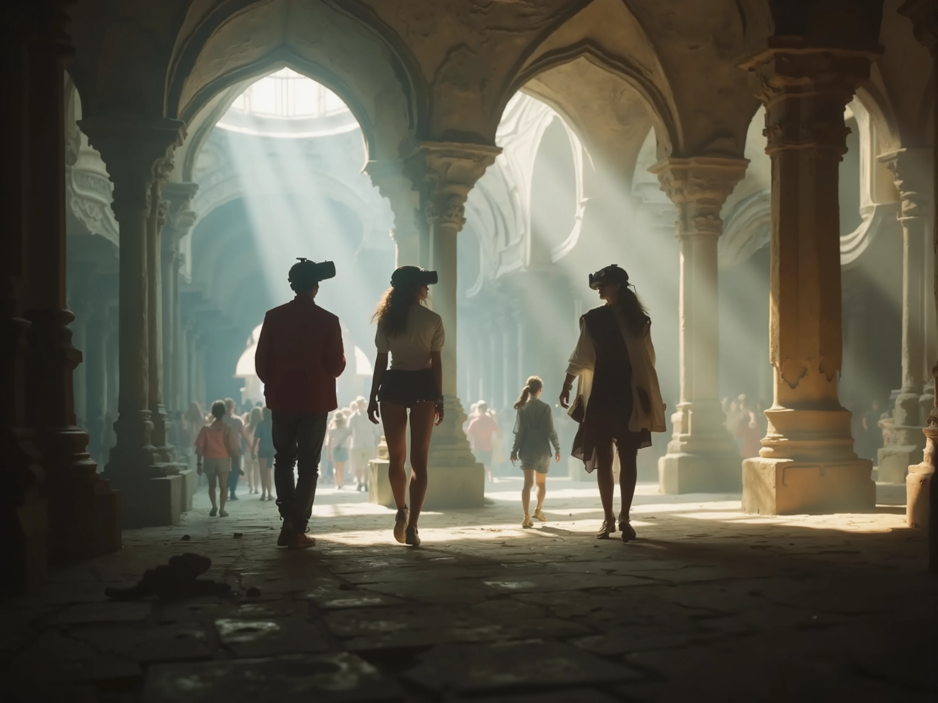 people with VR head-set are on the very classic anient medieval street, their clothes are all different , look around, with black glove, the street is really crowded and joyful,  with open spaces, a glass façade大きな吹き出しやねがある。夕焼け、
 People walking leisurely under a futuristic sunlight streams through the massive glass low ceiling creating shifting reflections on the water below,  metalic, moderntic, cave-like, very cutting edge atmosphere,  three people are in the picture, but all of them in the picture use VR headsets