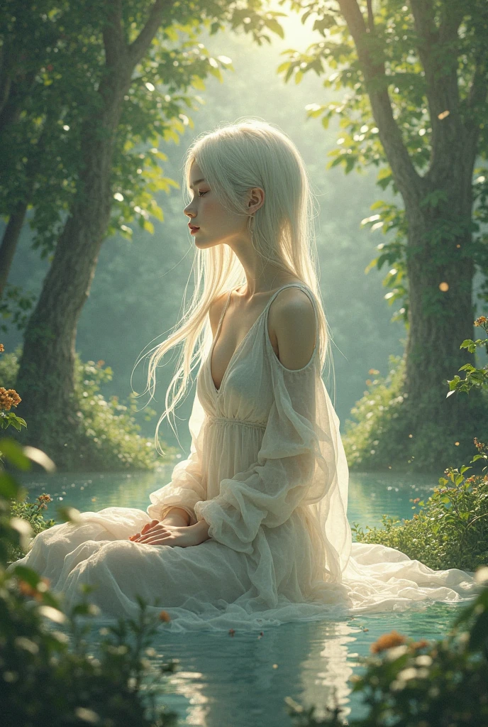 huge filesize,wallpaper,artbook,Tyndall effect,moody lighting,Cinematic Lighting,light leaks,rim light,Volumetric Lighting,background light,available light,
//,
1girl, flower, solo, pointy ears, long hair, hair ornament, dress, hair flower, looking at viewer, sitting, tree, barefoot, bangs, white hair, full body, white flower, braid, bare shoulders, wrist cuffs, plant, green eyes, white dress, water, outdoors, elf, closed mouth, blush, very long hair, jewelry, bare legs, see-through, reflection, white background
//,