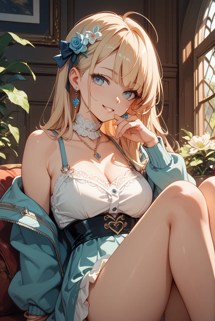 1girl, blue lingerie, blue lipstick, green eyes, blonde hair, thin body type, pin-up pose, chair, cozy environment, character design, white background