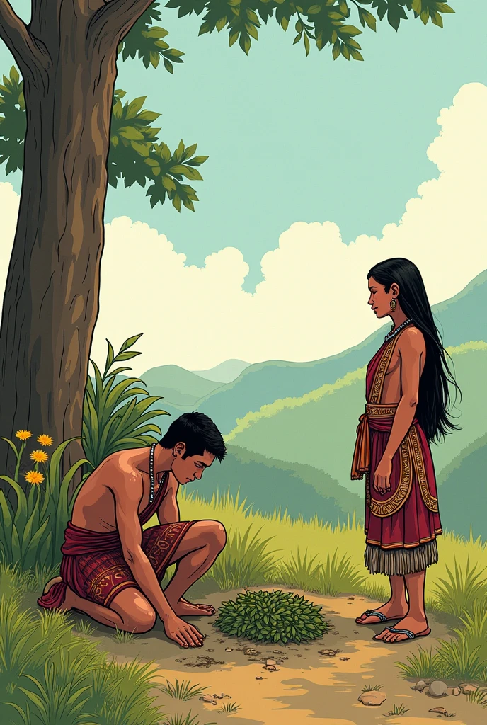 An indigenous man without upper garments with long straight hair praying with his indigenous wife, they are inside their house made of straw and bamboo, in the background of the image there is a door showing small plantations and a beautiful blue sky, comic book style, the scene contains vibrant and quite striking colors. 